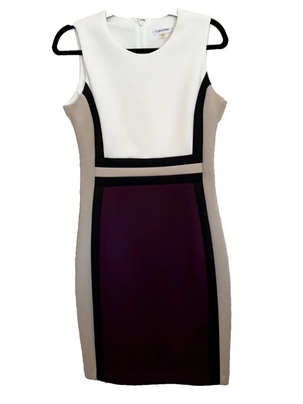 Calvin Klein Dress 8 Black Tan Plum Ivory Stretch Scuba Career Church